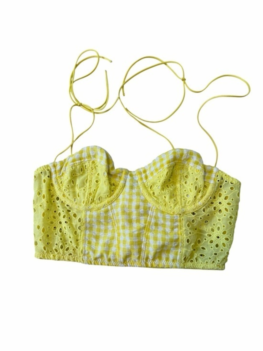 Urban Outfitters Out From Under Yellow Gingham Eyelet Lace-Up Corset Crop Top XS
